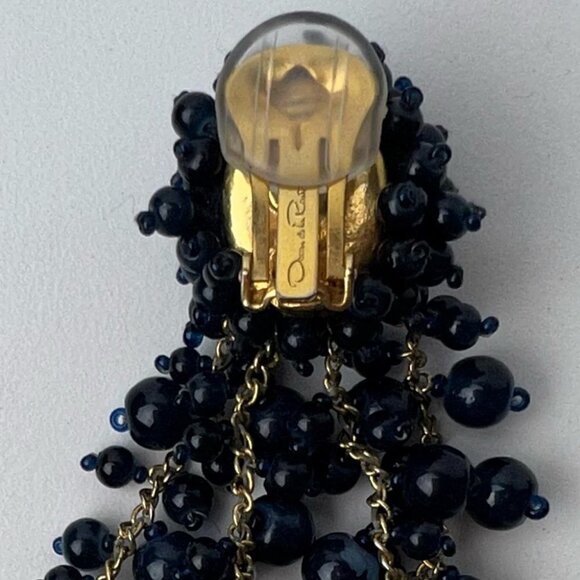 Women’s Oscar De La Renta,Azure Beaded Cascade ClipOn Earrings-4”.NavyBlue/Gold. - Picture 12 of 13